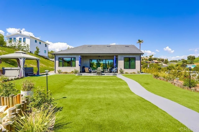 2255 Via Dulcea, Fallbrook, CA 92028 - back of property featuring a ceiling fan, a gazebo, a patio, a lawn, and stucco siding