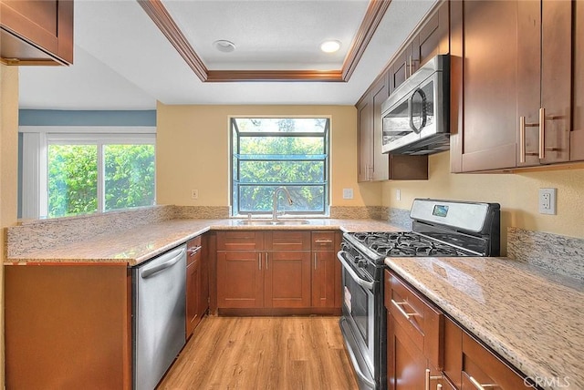 kitchen with light wood-style flooring, a sink, a tray ceiling, stainless steel appliances, and light stone countertops