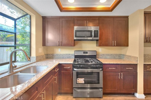 kitchen featuring a tray ceiling, ornamental molding, a sink, light wood-style floors, and appliances with stainless steel finishes