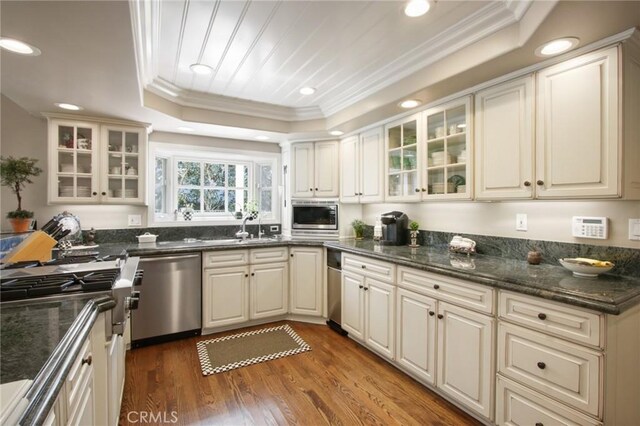 kitchen featuring a raised ceiling, a sink, appliances with stainless steel finishes, crown molding, and wood finished floors