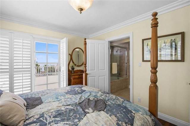 bedroom with ensuite bathroom, baseboards, and crown molding