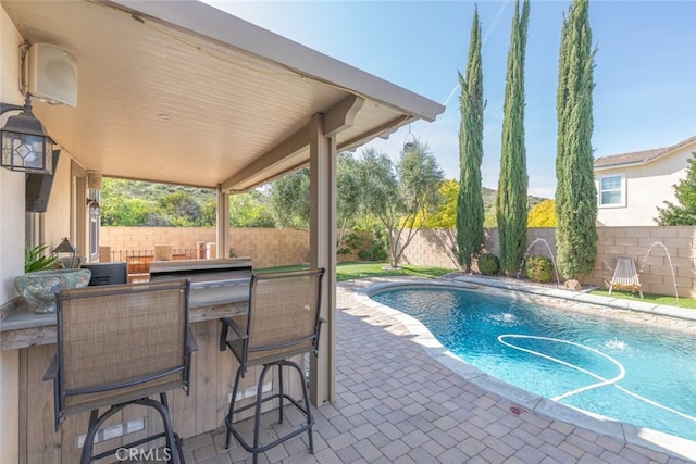 30088 Mauroux Ct, Murrieta, CA 92563 - view of pool featuring a fenced in pool, a patio, a fenced backyard, and outdoor dry bar