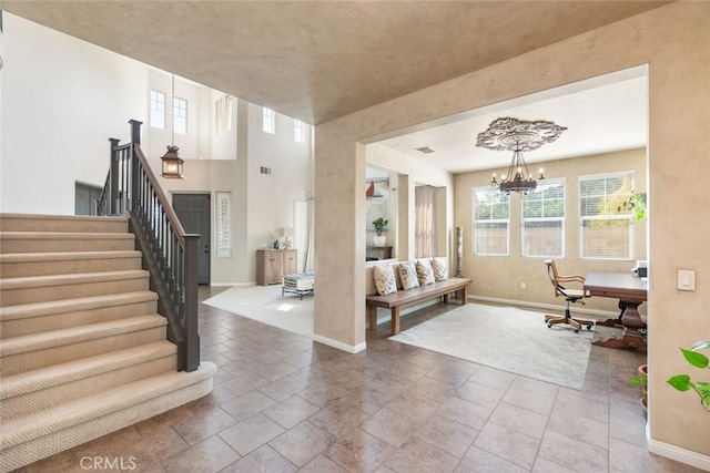 30088 Mauroux Ct, Murrieta, CA 92563 - interior space with stairs, a notable chandelier, and baseboards