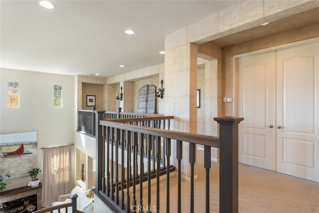 30088 Mauroux Ct, Murrieta, CA 92563 - hall featuring carpet floors, an upstairs landing, and recessed lighting