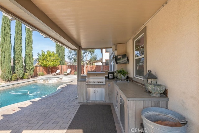 30088 Mauroux Ct, Murrieta, CA 92563 - view of patio featuring a pool with connected hot tub, a fenced backyard, a grill, and area for grilling