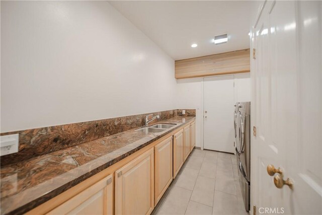 166 Alviso Dr, Camarillo, CA 93010 - kitchen featuring a sink, dark stone countertops, light brown cabinetry, recessed lighting, and light tile patterned floors