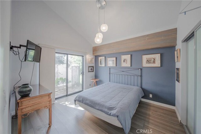 166 Alviso Dr, Camarillo, CA 93010 - bedroom featuring access to outside, wood finished floors, and high vaulted ceiling
