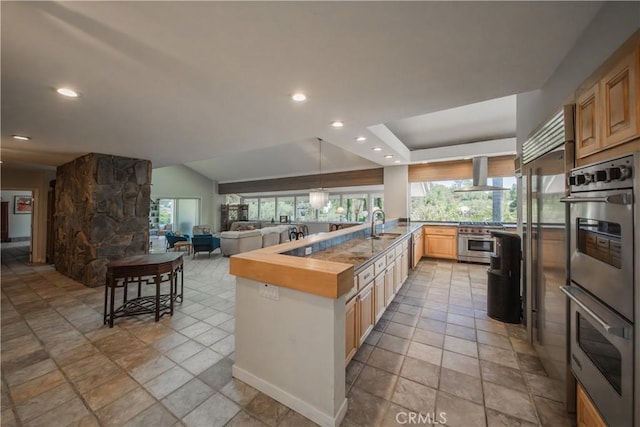 166 Alviso Dr, Camarillo, CA 93010 - kitchen featuring stainless steel appliances, ventilation hood, open floor plan, a sink, and a peninsula
