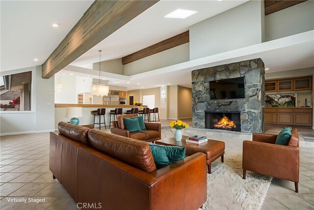 166 Alviso Dr, Camarillo, CA 93010 - living room with light tile patterned flooring, baseboards, a fireplace, and recessed lighting
