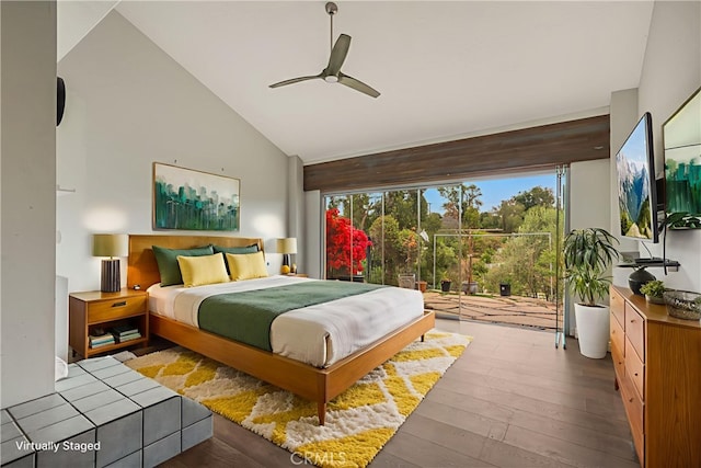 166 Alviso Dr, Camarillo, CA 93010 - bedroom with wood finished floors, high vaulted ceiling, and ceiling fan