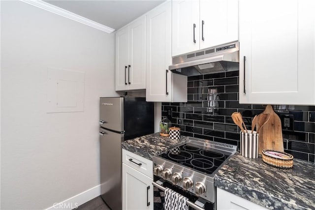 23325 La Crescenta Unit D, Mission Viejo, CA 92691 - kitchen featuring stainless steel appliances, ventilation hood, decorative backsplash, crown molding, and baseboards