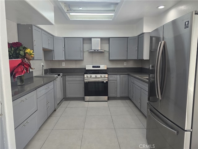37623 Teal St, Palmdale, CA 93552 - kitchen with appliances with stainless steel finishes, wall chimney range hood, gray cabinets, dark countertops, and recessed lighting