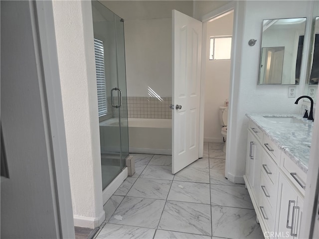 37623 Teal St, Palmdale, CA 93552 - bathroom with marble look tile flooring, toilet, vanity, a stall shower, and a bath