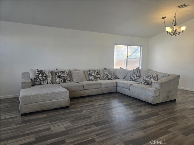 37623 Teal St, Palmdale, CA 93552 - living area with a chandelier, dark wood-style flooring, baseboards, and vaulted ceiling