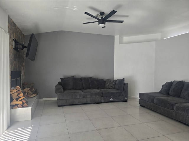 37623 Teal St, Palmdale, CA 93552 - living area featuring light tile patterned flooring, ceiling fan, and vaulted ceiling