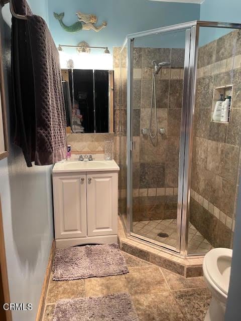 bathroom with toilet, a shower stall, and vanity