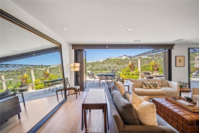 living area with recessed lighting and light wood-style floors