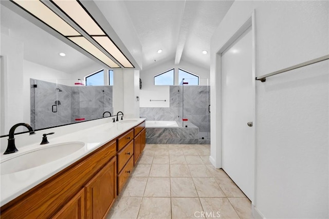 full bath with a shower with shower door, a bath, vaulted ceiling with beams, and a sink