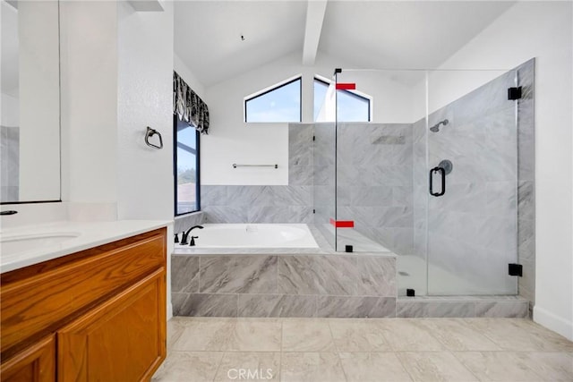 full bath featuring a stall shower, vanity, a garden tub, and vaulted ceiling with beams