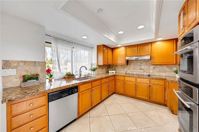 kitchen with a sink, a tray ceiling, stainless steel appliances, backsplash, and under cabinet range hood