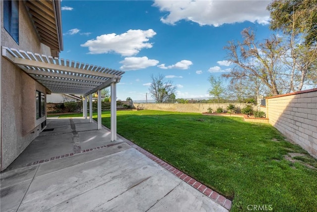 view of yard with a patio, a pergola, and a fenced backyard