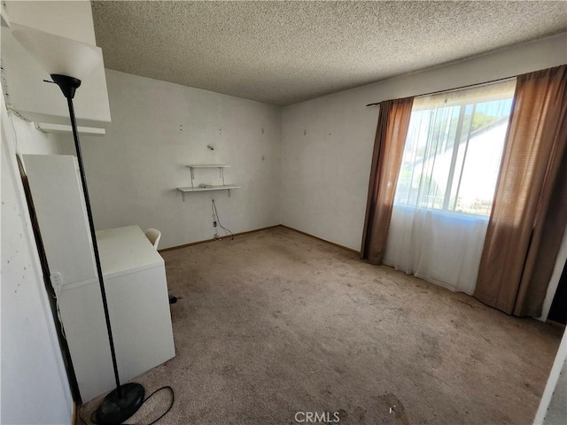unfurnished room featuring light carpet, washer / dryer, and a textured ceiling