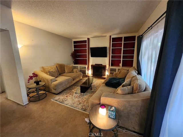 carpeted living room with a textured ceiling