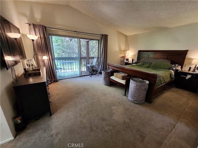 bedroom with access to outside, a textured ceiling, vaulted ceiling, and carpet floors