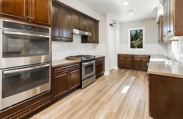 kitchen featuring tasteful backsplash, light countertops, under cabinet range hood, appliances with stainless steel finishes, and light wood finished floors