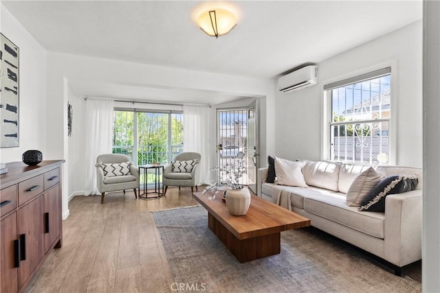 living room featuring light wood-type flooring, a healthy amount of sunlight, and a wall mounted air conditioner