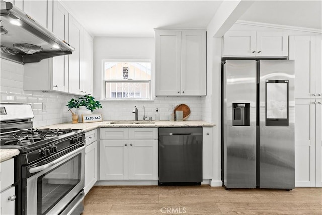 kitchen featuring white cabinets, under cabinet range hood, a sink, stainless steel appliances, and backsplash