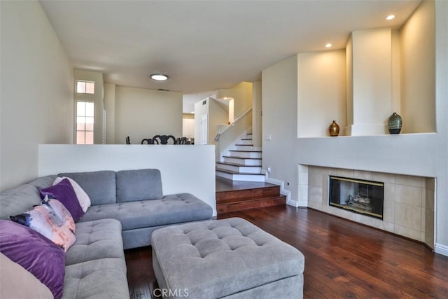 5 Arese Aisle, Irvine, CA 92606 - living area featuring hardwood / wood-style flooring, stairs, a fireplace, baseboards, and recessed lighting