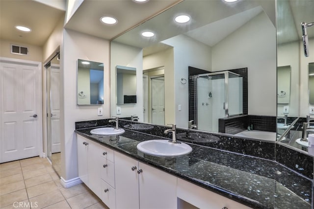 5 Arese Aisle, Irvine, CA 92606 - bathroom featuring a shower stall, tile patterned flooring, double vanity, and baseboards