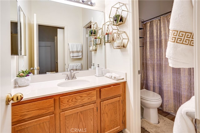 28751 Broadstone Way, Menifee, CA 92584 - bathroom with toilet, vanity, wood finished floors, and a shower with shower curtain