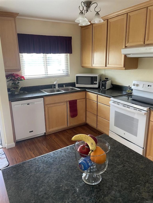1726 Belle Meade Rd, Encinitas, CA 92024 - kitchen with white appliances, under cabinet range hood, a sink, dark wood-type flooring, and dark countertops