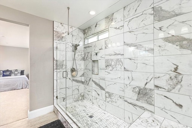 30580 Hawkscrest Rd, Murrieta, CA 92563 - ensuite bathroom with a stall shower, ensuite bath, baseboards, and recessed lighting