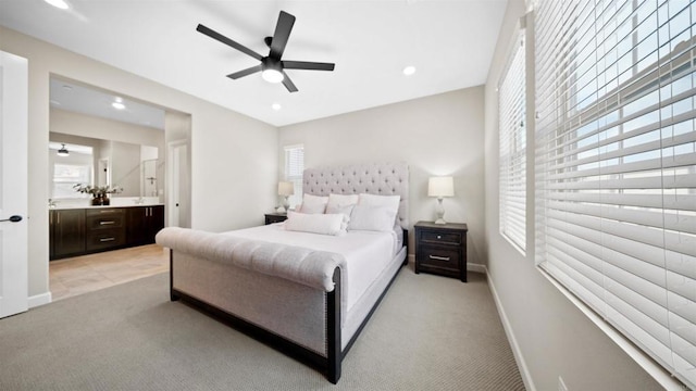10861 Blake Way, San Diego, CA 92129 - bedroom featuring light colored carpet, recessed lighting, connected bathroom, and ceiling fan