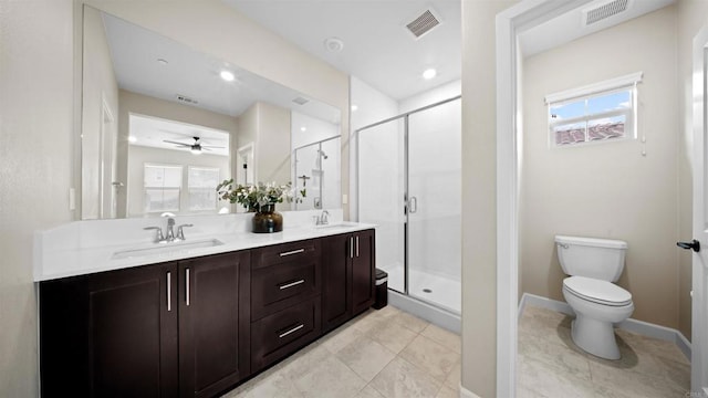 10861 Blake Way, San Diego, CA 92129 - bathroom featuring double vanity, a stall shower, and a ceiling fan