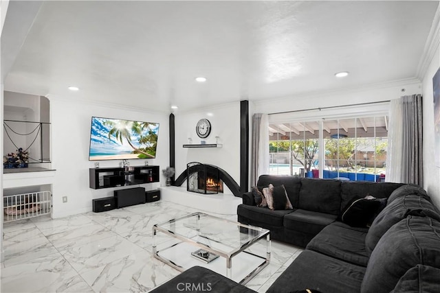 living room with a lit fireplace, marble finish floor, recessed lighting, and ornamental molding