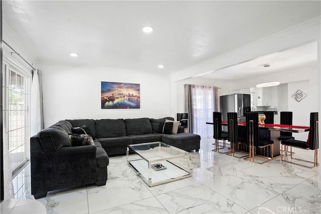 living area with recessed lighting, marble finish floor, and ornamental molding