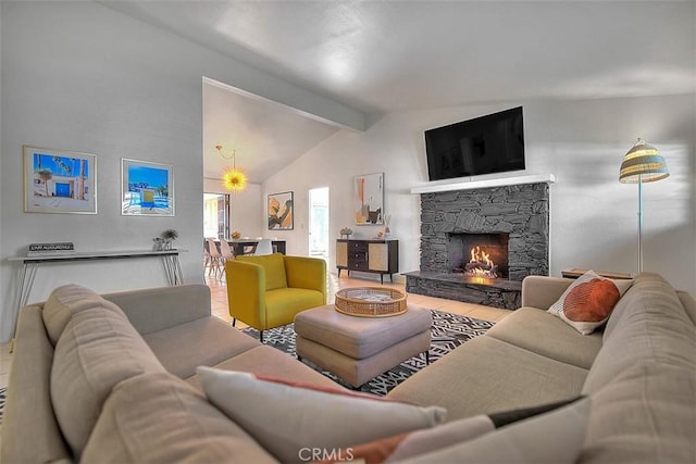 1261 Linda Vista Rd, Palm Springs, CA 92262 - tiled living room featuring a stone fireplace