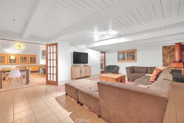 1261 Linda Vista Rd, Palm Springs, CA 92262 - living room with light tile patterned floors, beamed ceiling, wood ceiling, and french doors