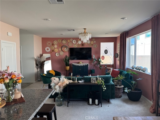 36631 Desert Tortoise Rd, Murrieta, CA 92563 - living room featuring carpet, a chandelier, and baseboards