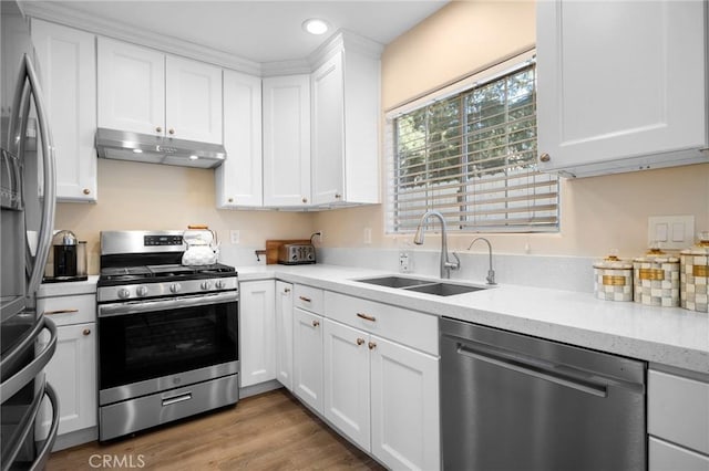 2256 Montrose Ave Unit 14, Montrose, CA 91020 - kitchen with white cabinetry, under cabinet range hood, wood finished floors, a sink, and stainless steel appliances