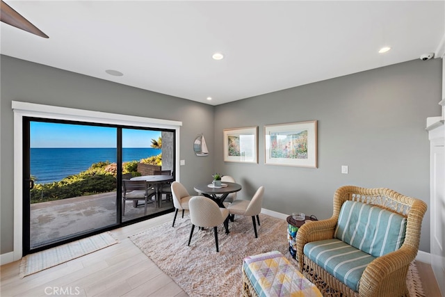 1001 Buena Vis Unit 2, San Clemente, CA 92672 - dining area with recessed lighting, a water view, baseboards, and light wood-style floors