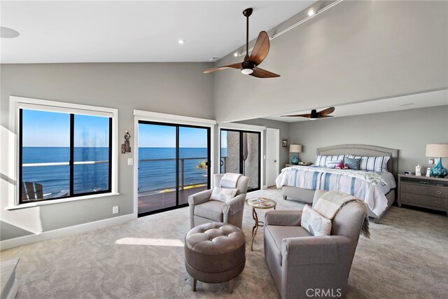 1001 Buena Vis Unit 2, San Clemente, CA 92672 - carpeted bedroom featuring high vaulted ceiling, ceiling fan, a water view, baseboards, and access to exterior