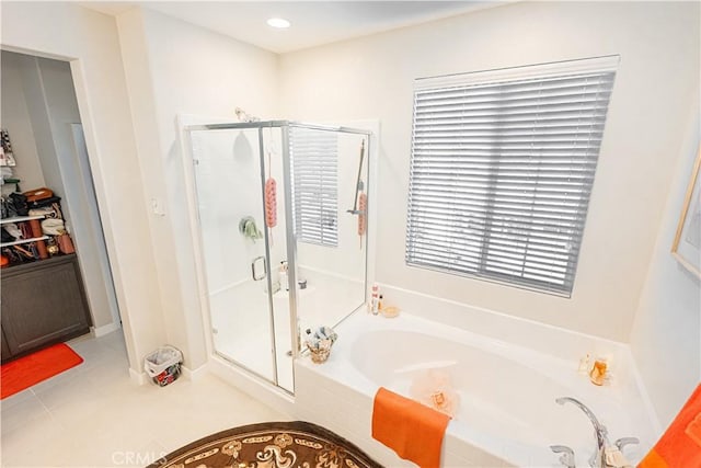 39580 Strada Pozzo, Lake Elsinore, CA 92532 - full bathroom featuring a stall shower, a garden tub, tile patterned floors, and recessed lighting