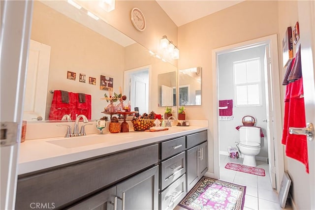 39580 Strada Pozzo, Lake Elsinore, CA 92532 - bathroom featuring toilet, tile patterned floors, double vanity, and a sink