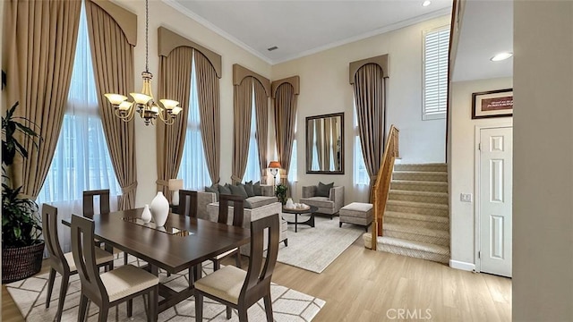 1731 Via Ln, Loma, Chino Hills, CA 91709 - dining area featuring a chandelier, light wood finished floors, stairway, ornamental molding, and recessed lighting