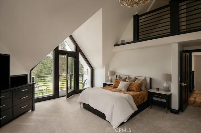 729 Brentwood Dr, Lake Arrowhead, CA 92352 - bedroom with access to exterior, light colored carpet, visible vents, and high vaulted ceiling